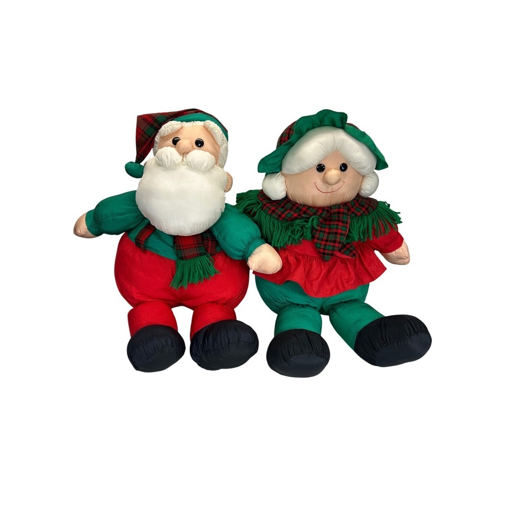 Santa Mrs. Claus Dolls 24" Plush Christmas Plaid Hat Scarf Parachute Material